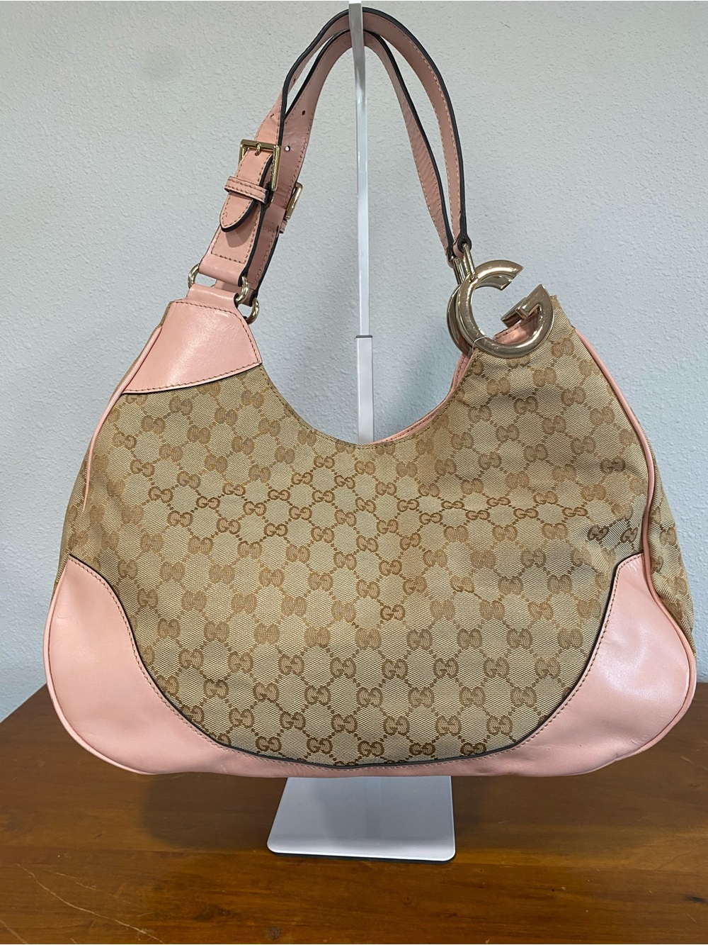 Pink Leather-Trim Canvas Hobo Bag